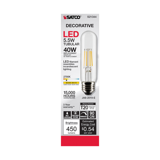 S21344 - 5.5 Watt T10 LED - Clear - Medium base - 90 CRI - 2700K - 120 Volt