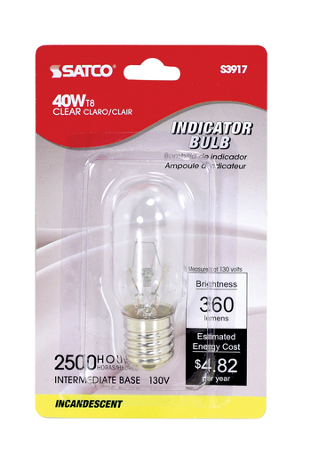 S3917 - 40 Watt T8 Incandescent - Clear - 2000 Average rated hours - 360 Lumens - Intermediate base - 130 Volt - Carded