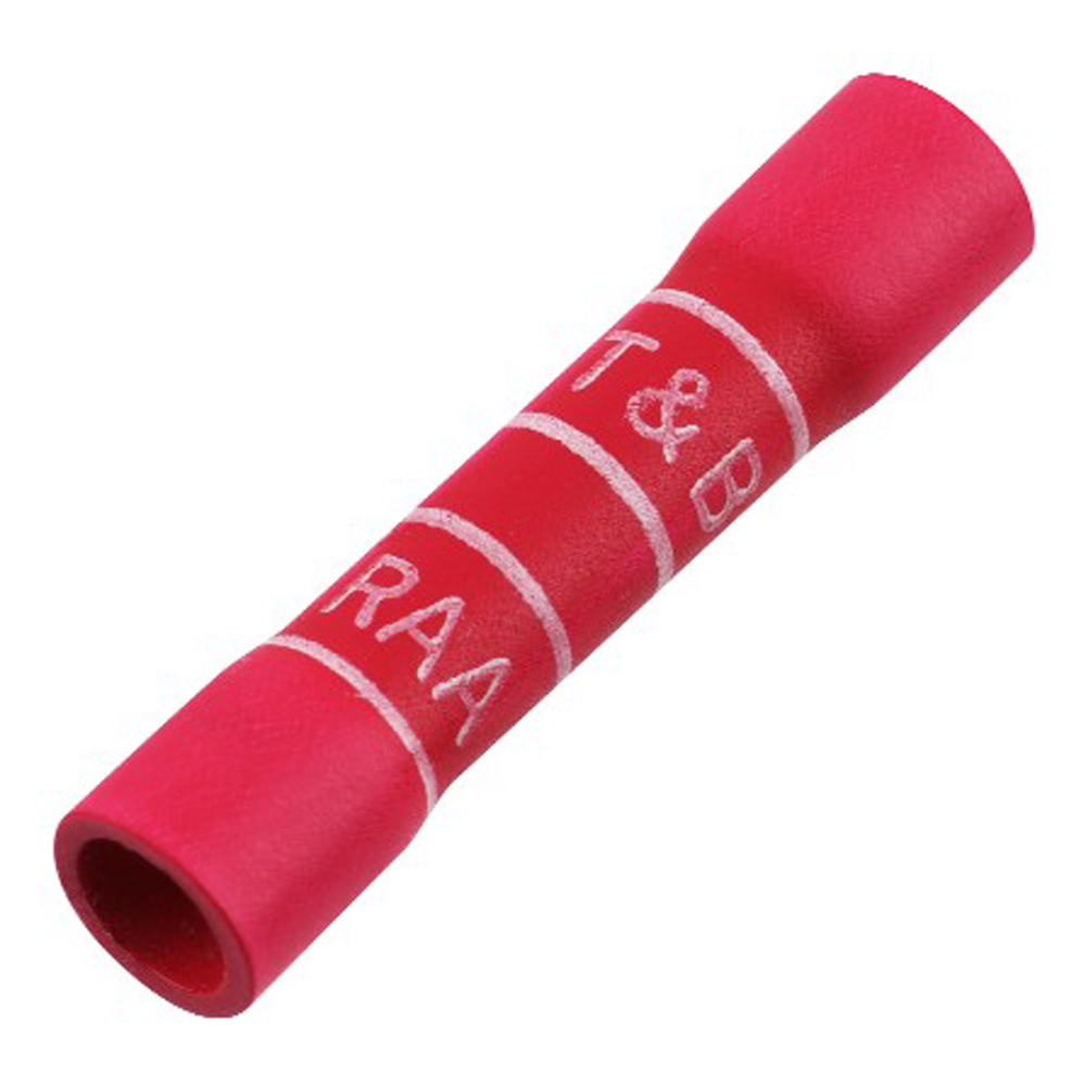 Mayer-DDS-Expanded Vinyl-Insulated Butt Splice, Length 1.13 Inches, Width .25 Inches, Maximum Insulation Diameter .170, Wire Range #22-#18 AWG, Color Red, Copper, Tin Plated-1