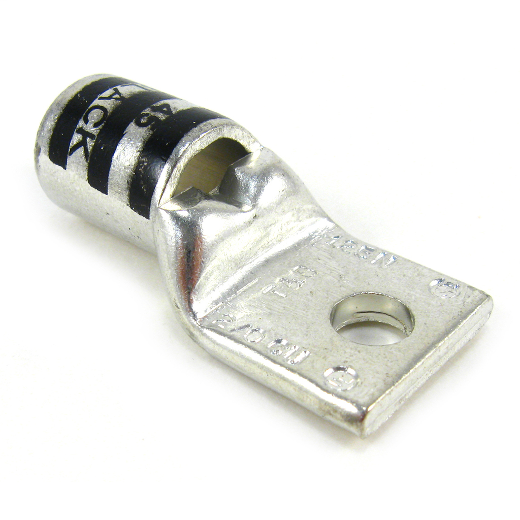 Mayer-DDS-Copper One-Hole Lug, Standard Barrel, Peep Hole, Max 35kV, Wire Size 2/0 AWG, 3/8 Inch Bolt Size, Tin Plated, Die Code 45, Die Color Code Black-1