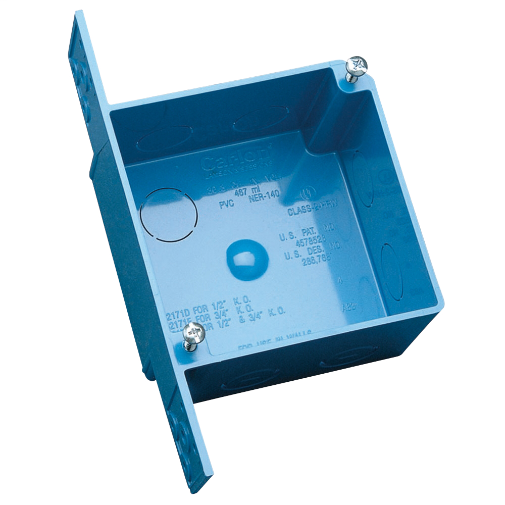 Mayer-DDS-Two Gang Outlet Box, Volume 30.3 Cubic Inches, Length 4 Inches, Width 4 Inches, Depth 2.40 Inches, Number of Knockouts 7, Knockout Size 1/2 Inch and 3/4 Inch, Material PVC-1