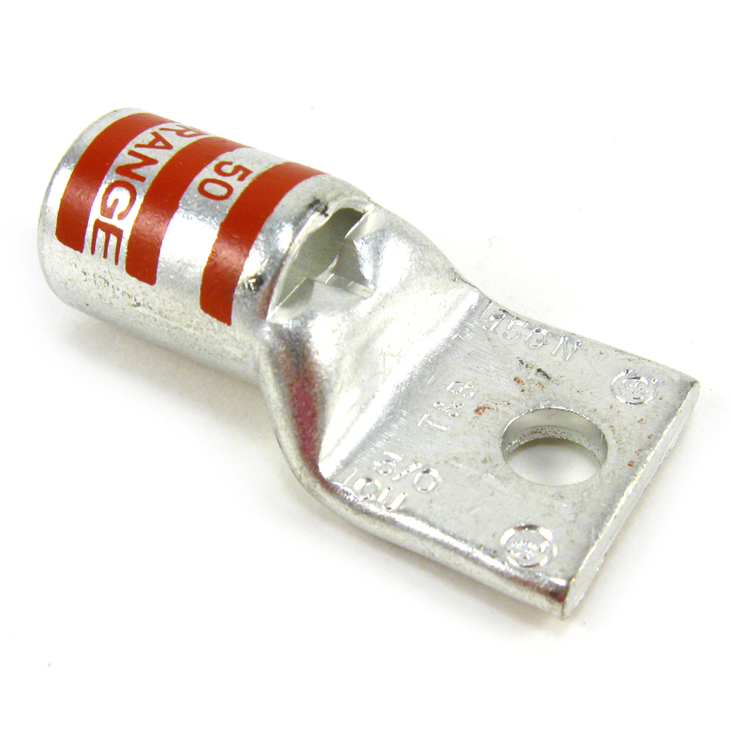 Mayer-DDS-Copper One-Hole Lug, Standard Barrel, Peep Hole, Max 35kV, Wire Size 3/0 AWG, 3/8 Inch Bolt Size, Tin Plated, Die Code 50, Die Color Code Orange-1