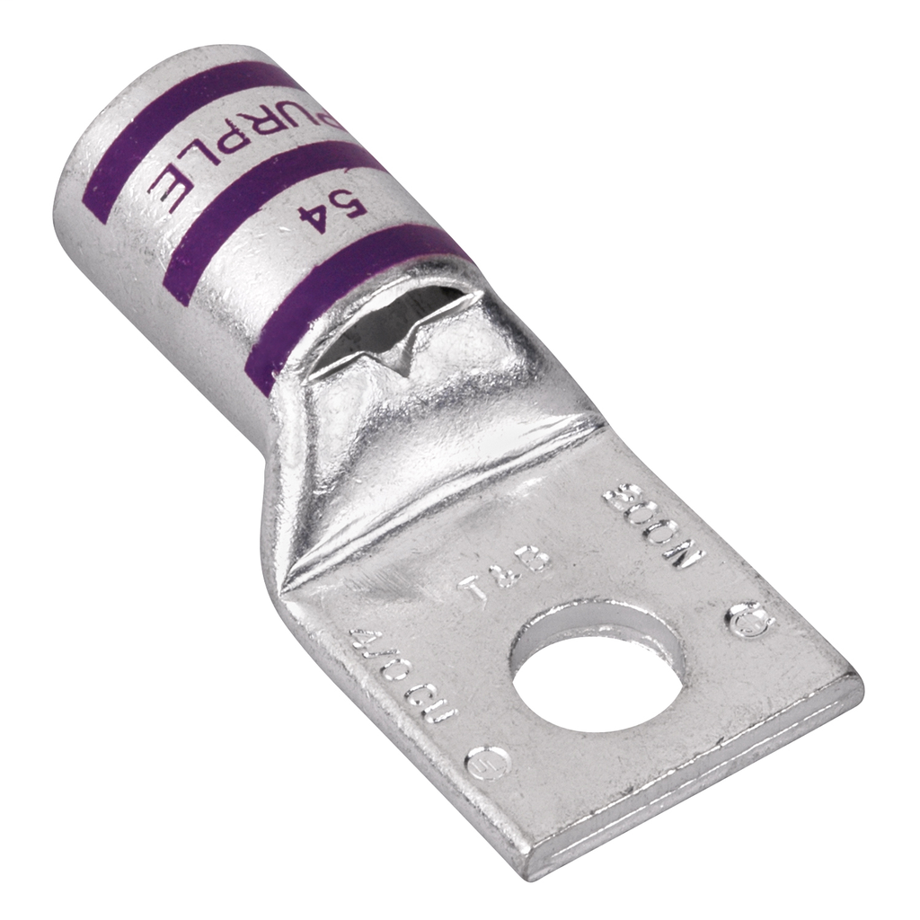 Mayer-DDS-Copper One-Hole Lug, Standard Barrel, Peep Hole, Max 35kV, Wire Size 4/0 AWG, 3/8 Inch Bolt Size, Tin Plated, Die Code 54, Die Color Code Purple-1