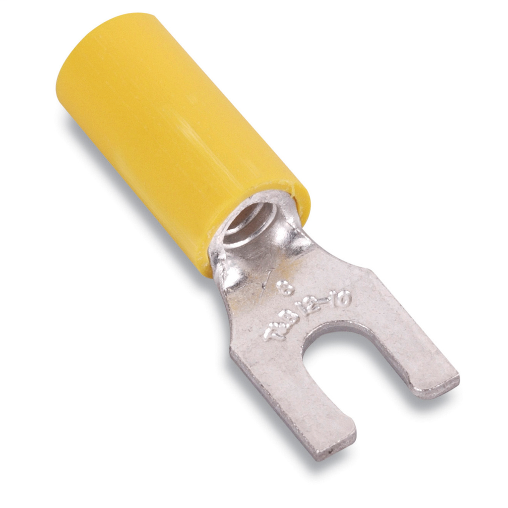 Product image for Thomas & Betts RC10-8FL 12-10 AWG Wire Range #8 Bolt Hole Yellow Insulated Nylon Locking Fork Terminal