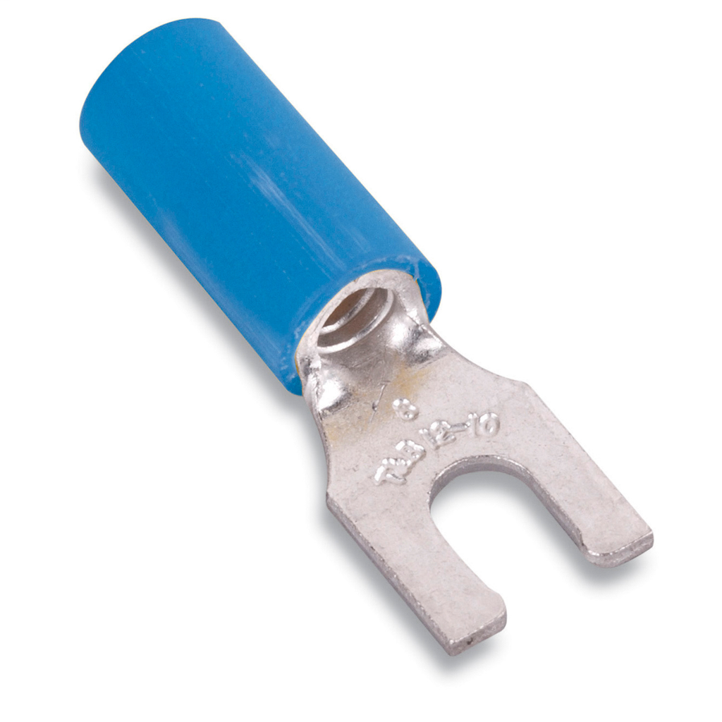 Product image for Thomas & Betts RB14-10FL 18-14 AWG Wire Range #10 Bolt Hole Blue Insulated Nylon Locking Fork Terminal