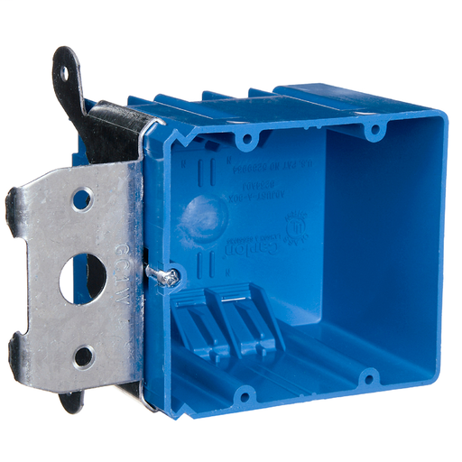 Mayer-DDS-Two-Gang Adjustable New Work Outlet Box, Volume 34 Cubic Inches, Length 4 Inches, Width 3-5/8 Inches, Depth 3 Inches, Color Blue, Material PVC, Mounting Means up to 1-3/4 Inch Adjustable Bracket-1