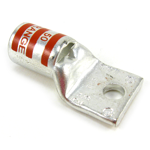 Mayer-DDS-Copper One-Hole Lug, Standard Barrel, Peep Hole, Max 35kV, Wire Size 3/0 AWG, 3/8 Inch Bolt Size, Tin Plated, Die Code 50, Die Color Code Orange-1