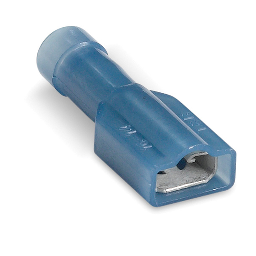Mayer-DDS-Nylon Fully Insulated Female Disconnect, Length 1.01 Inches, Width .38 Inches, Maximum Insulation .185, Tab Size .250x.032, Wire Range #16-#14 AWG, Color Blue, Brass, Tin Plated-1