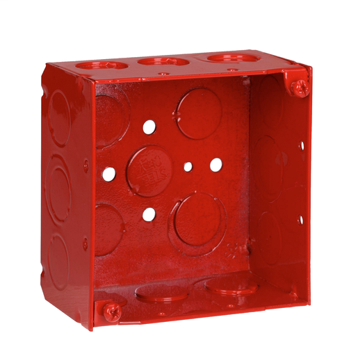 Mayer-DDS-Square Box, 30.3 Cubic Inches, 4 Inch Square x 2-1/8 Inch Deep, 1/2 Inch and 3/4 Inch Eccentric Knockouts, Red, Galvanized Steel, Welded Construction, Ground Bump, For use with Conduit-1