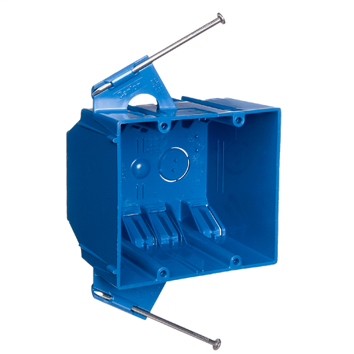 Mayer-DDS-Two-Gang Nail-On New Work Outlet Box, Volume 32 Cubic Inches, Length 3-3/4 Inches, Width 4 Inches, Depth 3 Inches, Color Blue, Material PVC, Mounting Means Captive Nails-1