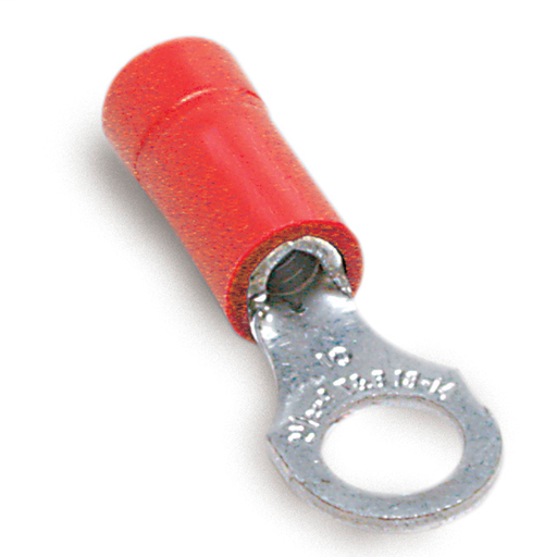 Mayer-DDS-Vinyl-Insulated Ring Terminal, Length .97 Inches, Width .31 Inches, Maximum Insulation .150, Bolt Hole #10, Wire Range #22-#16 AWG, Color Red, Copper, Tin Plated-1