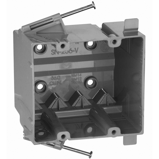 Mayer-DDS-Two-Gang Nail-On New Work Outlet Box, Volume 36 Cubic Inches, Length 4 Inches, Width 3-5/8 Inches, Depth 3-1/8 Inches, Color Blue, Material PVC, Mounting Means Compound Angled Nails, with 3/8 Inch Offset Wallboard Tabs Molded V-Clamp-1