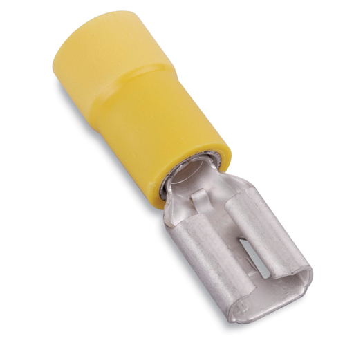 Mayer-DDS-Vinyl-Insulated Female Disconnect, Length 1.03 Inches, Width .29 Inches, Maximum Insulation .250, Tab Size .250x.032, Wire Range #12-#10 AWG, Color Yellow, Copper, Tin Plated-1