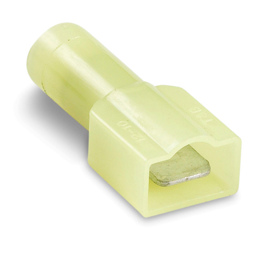 Mayer-DDS-Nylon-Insulated Male Tab, Length 1.17 Inches, Width .45 Inches, Maximum Insulated .210, Tab Size .250x.032, Wire Range #12-#10 AWG, Color Yellow, Copper, Tin Plated-1
