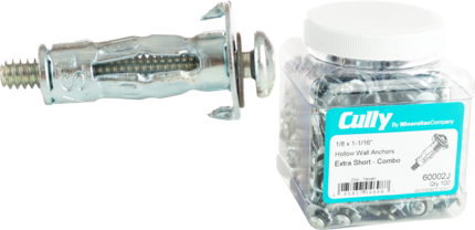 Product image for Cully 60004J 1/8 x 1-3/4" Hollow Wall Anchors, Short, Phillips/Slotted, Zinc Plated, Jar