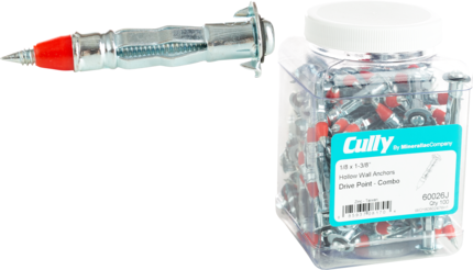Product image for Cully 60026J 1/8 x 1-3/8" Hollow Wall Anchors with Drive Point, Short, Phillips/Slotted, Zinc Plated, Jar