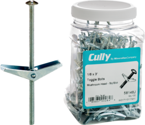 Cully 58348J 3/16" (10-24) x 3" Toggle Bolt & Wing, Mushroom Head, Square/Slotted, Zinc (50/Jar) Product image for Cully 58348J 3/16" (10-24) x 3" Toggle Bolt & Wing, Mushroom Head, Square/Slotted, Zinc (50/Jar)