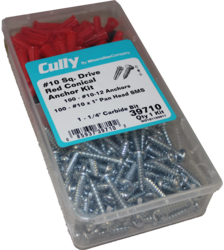 Product image for Cully 39711 #10 Square Drive Pan Head Red Conical Anchor Kit, #10 x 1" (100), #10-12 (100), Includes 1/4" Carbide Drill Bit