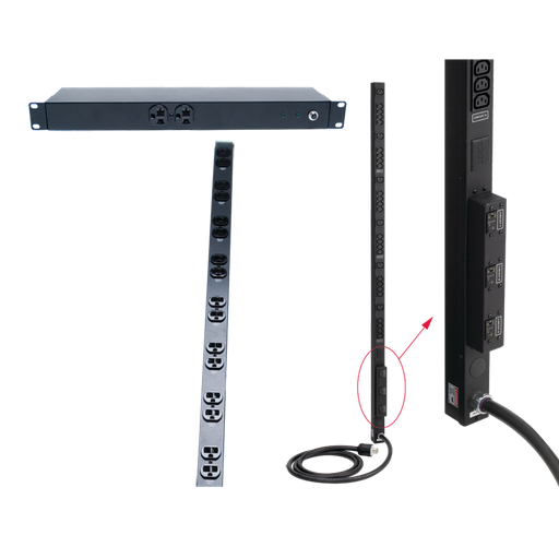 Rack- and Panel-Mount PDU, 19in length, Black, Steel, 10 Rec, 15A, Surge