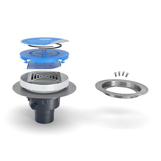 EZ2-AB2-ST-SS-CC - EZ2 ABS Drain with 5" Square Stainless Steel Strainer, Stainless Steel Deck Plate, Clamp Collar and 2" x 3" Outlet