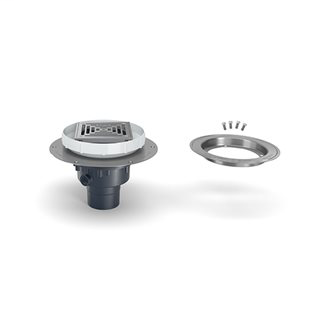 EZ2-PV2-ST-SS-CC - EZ2 PVC Drain with 5" Stainless Steel Strainer, Stainless Steel Deck Plate, Clamp Collar, and 2" x 3" Outlet